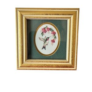 Gold Framed Hummingbird and Roses Art 4"x4"